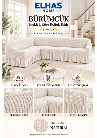 Bürümcük Kumaş 5 Kişilik Etekli L Köşe Koltuk Kılıfı Natural - 934819522 Natural