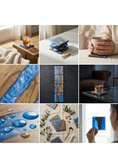 Ceviz & Turkuaz River Epoksi Bardak Altlığı Seti 6 Lı, El Yapımı Ceviz Ahşap, 12x12 Cm, Modern & Şık Tasarım Turkuaz
