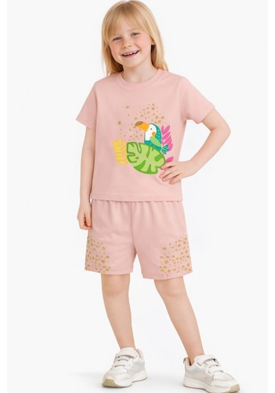 Name Baby & Kids Kız Çocuk Şortlu Yazlık Pijama Takımı - Kuş Nbk-6143 Pudra