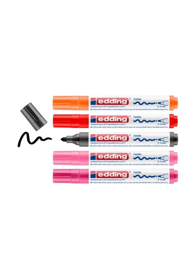 4500 Tekstil Kalemi - Siyah, 2x Kırmızı, Turuncu, Pembe - 5'li Set - 2-3 Mm Yuvarlak Uç 3 Siyah+2 Mavi+ 1 Kırmızı+ 1 Yeşil