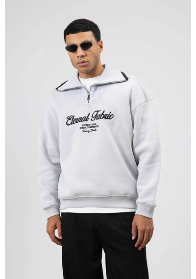 Vamos Oversize Fermuarlı Yaka Sweatshirt Açık Gri