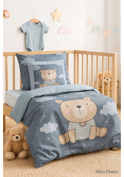 Dijital Baskılı 3d Pamuklu Yenidoğan Bebek Nevresim Takımı Blue Bear Çok Renkli