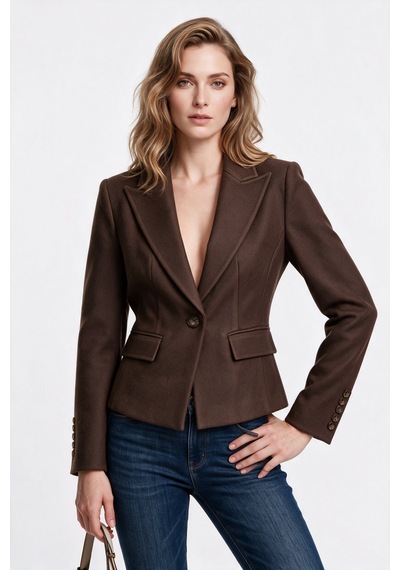 Ekol Kadın Çentikli Yaka Tek Düğmeli Blazer Ceket Yün Karışımlı Kahve