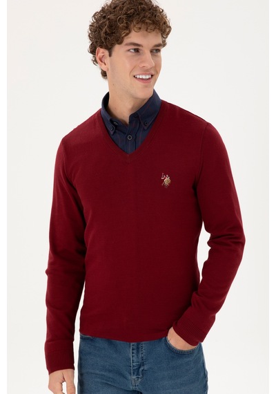 U.S. Polo Assn. Erkek Slim Fit V Yaka Bordo Basic Kazak 50288885-VR014