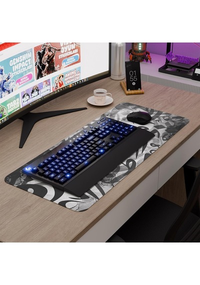 Kaligrafi Dikişli Kenar Oyuncu Gaming Mouse Pad Kauçuk Kaymaz Taban Mousepad Siyah, 70x30 Xl
