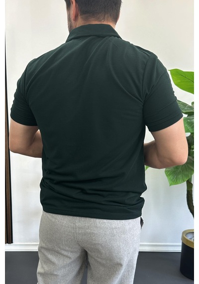 Erkek Yakası Ve Kolu Nakış Detaylı Polo Yaka Fermuarlı Tişört Yeşil Edw392 YESIL