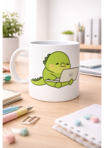 Sevimli Dinozor Tasarımlı Porselen Kupa Model 117 Laptoplu Tatlı Dino Figürlü Ofis & Ev Kahve Kupası Diğer
