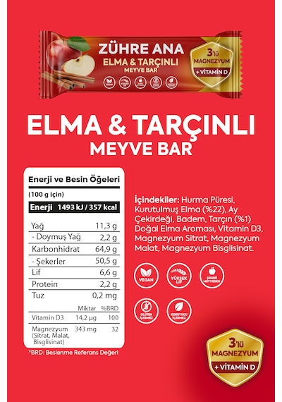 3'lü Magnezyum Ve Vitamin D İçeren Meyve Bar, Şeker İlavesiz Elma Ve Tarçınlı 35 Gr X 12 Adet