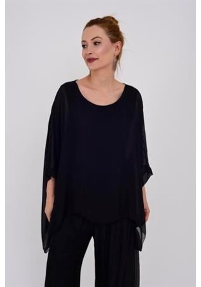 Bohem Stil İtalyan Yarasa Kol İpek Bluz & Pantolon Takım-8767 Siyah1 Siyah