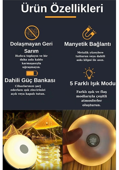 Solar Şarjlı 10 Metre Led Kamp Lambası Işıldak Fener Dekor Yıl Başı Süsü Perde Peri Şerit Kamp Günışığı