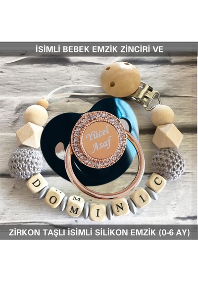 Sahi Aksesuar İsimli Emzik Zinciri Ve İsimli Silikon Emzik 0-6 Ay Bezyı455 Gri - Mavi