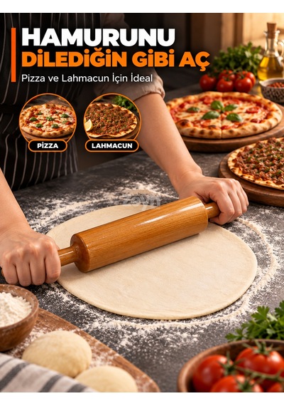 Vernikli Tombul Ahşap Merdane Pizza, Lahmacun Ve Hamur Açma Merdanesi