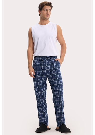 Tudors Erkek Standart Fit Normal Kesim Pamuklu Kareli Beli Bağcıklı Cepli Lacivert Pijama Altı-51261