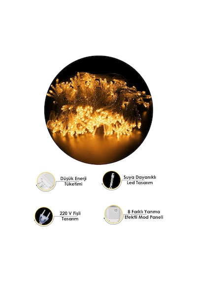 3x2 Metre Perde Led Animasyonlu 12 Saçaklı 240 Ledli Fişli Eklenebilir 8 Fonksiyonlu Yılbaşı Sarı