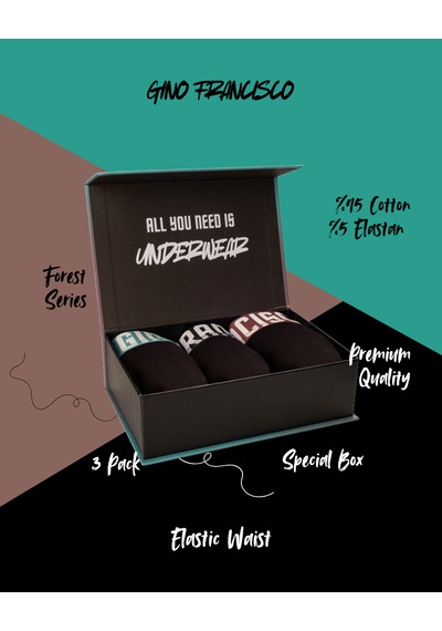 Gino Francisco Erkek Boxer 3'lü Paket Pamuklu Esnek Rahat Kesim Forest Collection Premium Kutulu Set Yeşil - Siyah - Kahverengi