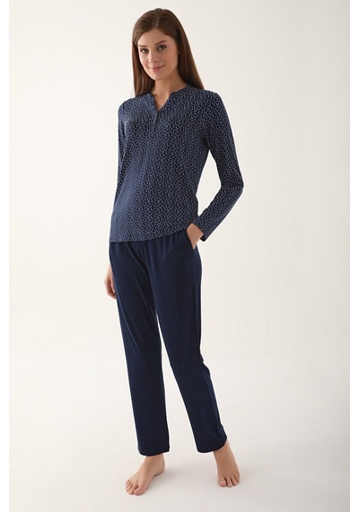 Arnetta Dotted Lacivert Kadın Uzun Kol Pijama Takım