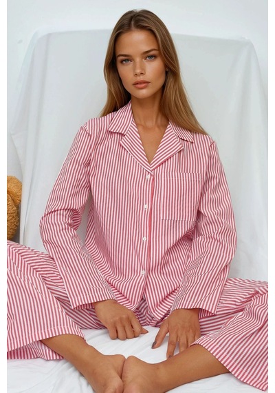 Hiccup Çizgili Pamuklu Pijama Takımı Bordo Kırmızı