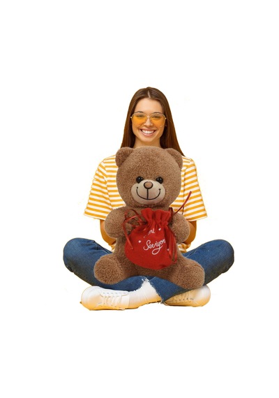 Sevgiliye Özel. Elinde Badem Şekeri Kesesi İle Peluş Boz Ayıcık-3