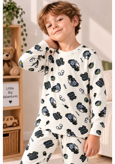 Free Beka Araba Desenli Bisiklet Yaka %100 Pamuklu İnterlok Kumaş Erkek Çocuk Uzun Kollu Pijama Takımı Ekru Free Beka Araba Desenli Bisiklet Yaka %100 Pamuklu İnterlok Kumaş Erkek Çocuk Uzun Kollu Pijama Takımı Ekru
