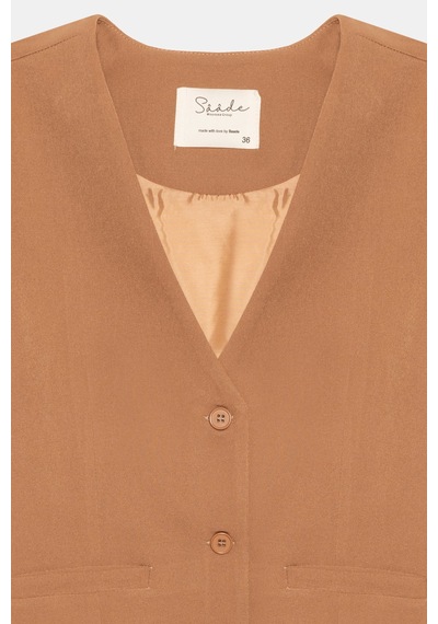 Saade Sââde Kadın V Yaka Düğmeli Klasik Dokuma Blazer Yelek Camel