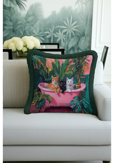 Vintage Kedi Temalı Saçaklı Yastık Kılıfı - Egzotik Bitki Bohem Yeşil Pembe Püsküllü Kırlent Kılıfı Çok Renkli