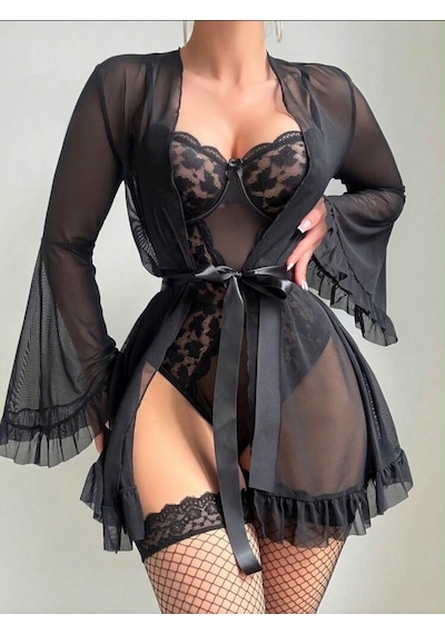 Trend Dokunuş Kadın Siyah 3'lü Dantel Detaylı Kuşaklı Çoraplı Bodysuıt Tül Sabahlık 3'lü Romantik Gecelik Takımı