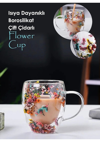 Çift Cidarlı Çiçekli Bardak Kahve Çay Bardağı Flower Cup 350mlel Yapımı Kulplu Cam Bardak