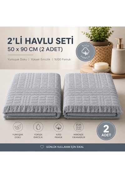 2'li Yüz Havlusu Seti 50x90 Cm Pamuklu El Havlusu Püsküllü Yumuşak Dokulu Yüksek Emici Günlük Kullanım Gri