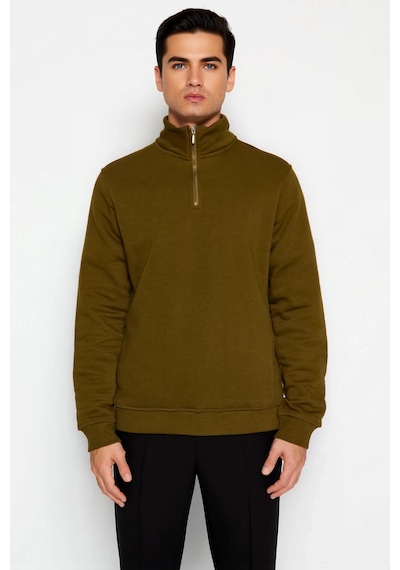 Benerly Erkek Dik Yaka Fermuarlı Standart Kol Regular Kalıp Sweatshirt Fo Yeşil