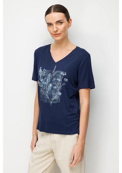 Desen Triko V Yaka Önü Pul Payet İşlemeli Penye Kadın T-shirt 26838 Lacivert
