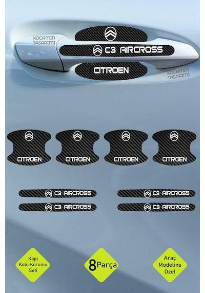 Araç Modeline Özel Citroen C3 Aircross Karbon Kapı Kolu Koruma Seti Beyaz Yazılı 8 Parça Şık Tasarım