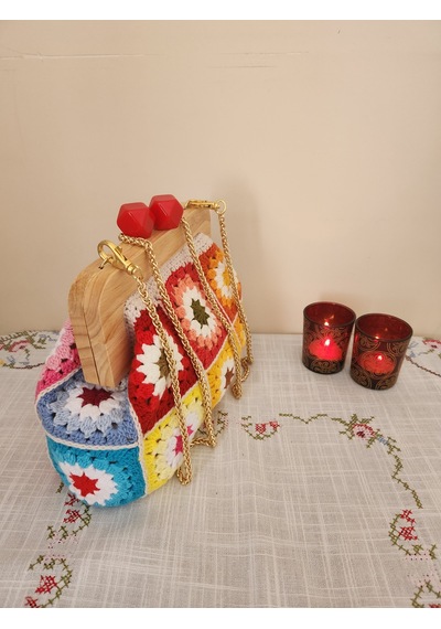 Fikriharika Design Gökkuşağı Motifli ,ahşap Burslu, Kadın El Çantası, Çok Renkli Bej - Çok Renkli