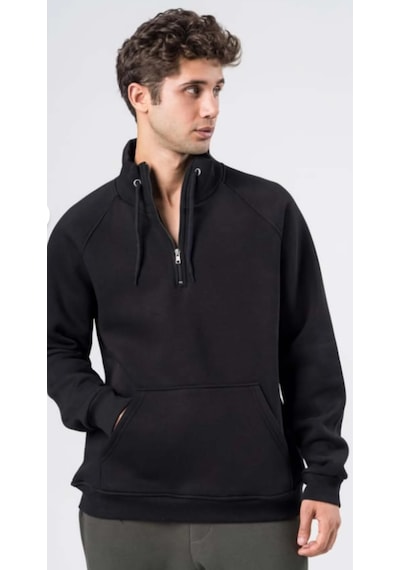 Coal City Erkek Relaxed Fit Reglan Yarım Fermuarlı Kanguru Cepli Siyah Sweatshirt