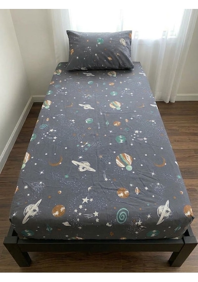 Tek Kişilik Lastikli Fitted Çarşaf Takımı Galaksi Gri