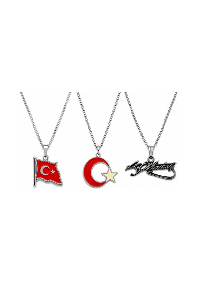 3 Lü Türk Bayrağı Ay Yıldız Ve Atatürk İmzalı Gümüş Renk Kolye Seti Hediye Çok renkli