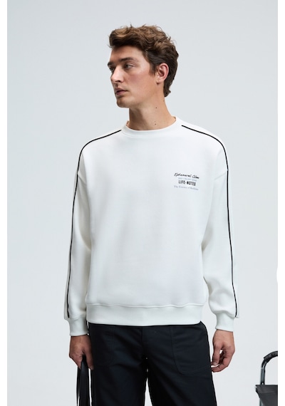 Grimelange LEIF Erkek Kolları Biyeli Önü Baskılı Yuvarlak Yaka Oversize Ekru Sweatshirt