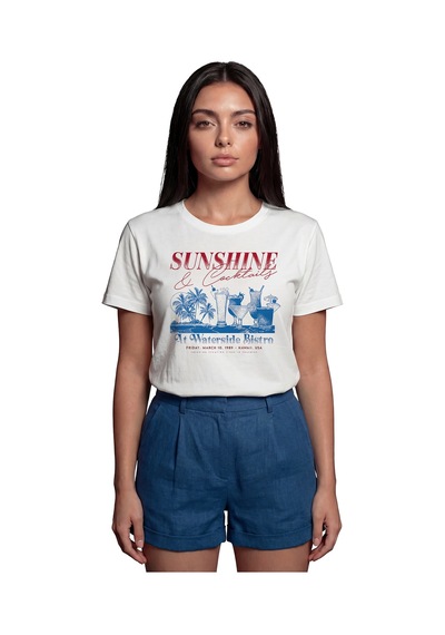 ''sunshine & Cocktails'' Vintage Hawaii Temalı Baskılı %100 Pamuk Beyaz