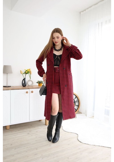 Neşeli Butik Kadın İthal Kaşe Kumaş Etek Ve Kaban İkili Takım Nbemp2576 bordo
