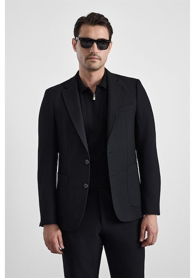 Süvari Siyah Slim Mono Yaka Düz Torba Cep 6 Drop Takım Elbise Tk1006900401-s09