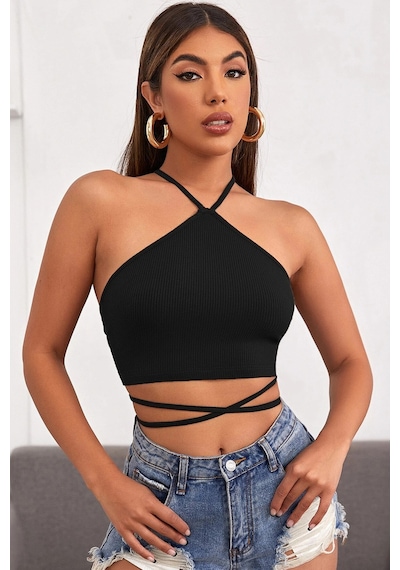 Epilons Zenvial Kadın Siyah Sırtı Açık Boyundan Çapraz Bağlamalı Crop Top Bluz Zenviall2