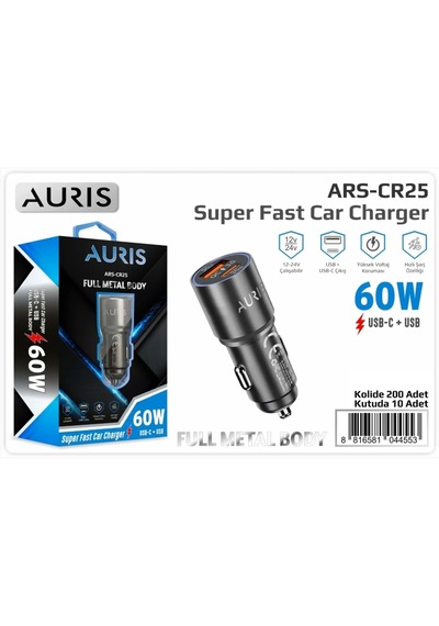 Auris Cr25 60w Usb-c+usb Metal Araç Şarj Başlığı Siyah