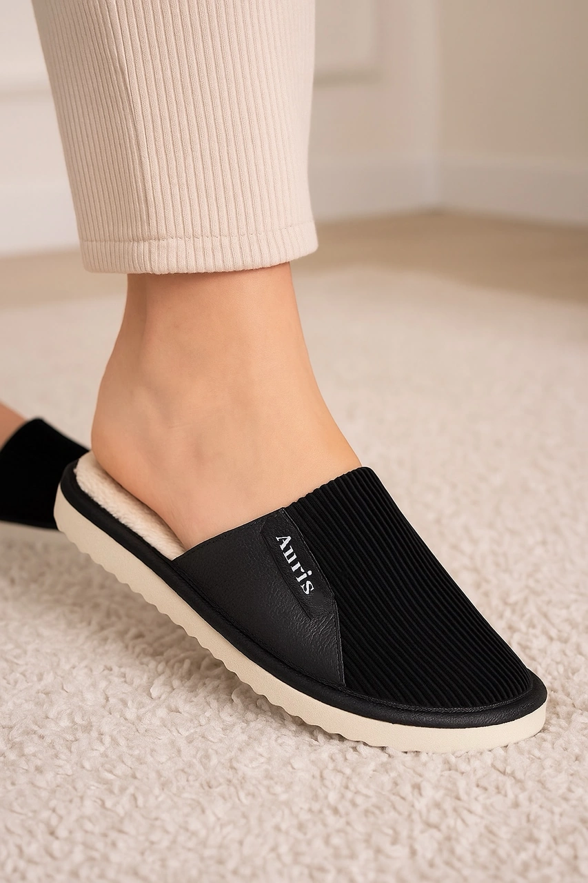 Ar-060 Unisex Kadife Kumaş İçi Kürklü Kışlık Ev Terliği Siyah