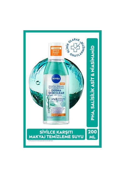 Micellar Makyaj Temizleme Suyu Derma Skin Clear 200 Ml,sivilce Karşıtı,niasinamid,salisilik Asit,pha