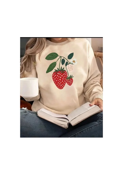 Herkesemoda Çilek Baskı Detaylı Bisiklet Yaka Sweatshirt Bej