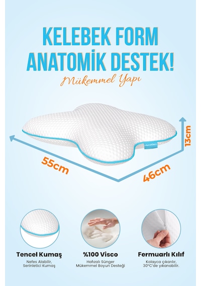 Viscofoam Kelebek Boyun Destekli Ortopedik Yastık Visco Yastık 55x46x13cm