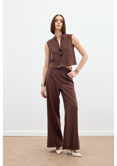 Sateen Yüksek Bel Keten Pantolon - Kahve-136164 Kahve