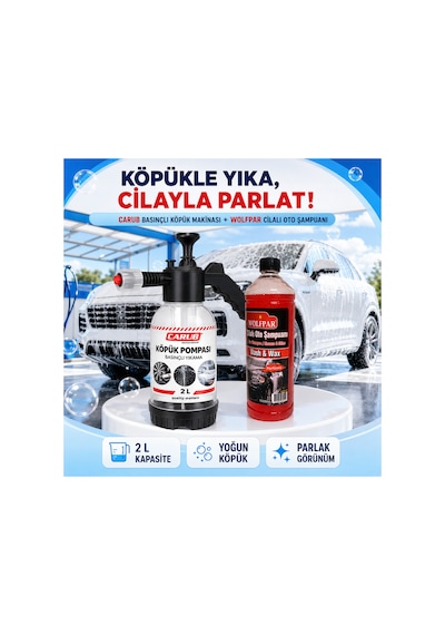 2 L Basınçlı Köpük Makinası Ve Wolfpar Cilalı Oto Şampuanı 1000 Ml Araç Yıkama Seti