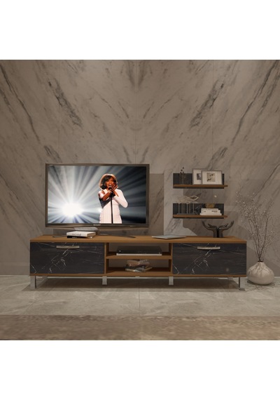 Decoraktiv Eko 4 Mdf Dvd Krom Ayaklı Tv Ünitesi Tv Sehpası Ceviz - Siyah Mermer