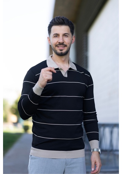 Hk Premium Çizgili Polo Yaka Slim Fit Triko Kazak Siyah