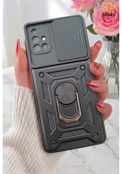 Fibaks Galaxy A71 Uyumlu Kılıf Kamera Korumalı Sürgülü Yüzüklü Armor Military Tank Zırh
